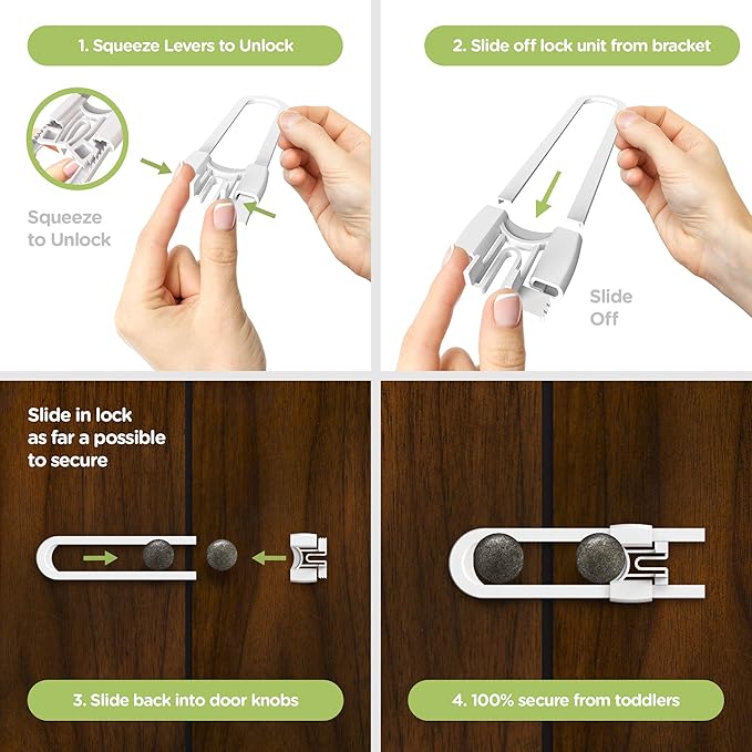 Sliding Cabinet Locks (4-Pack) 8 inch, Multi-Purpose Child Safety Lock by Skyla Homes - No Tools or Drilling Required, Best for Baby Proofing, Strong ABS Free Plastic Knob Cover
