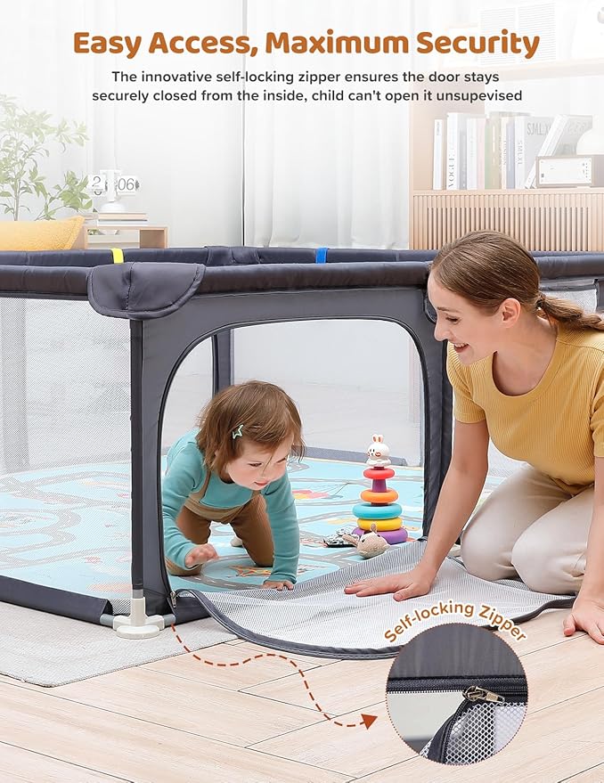 Dripex Baby Playpen with Mat, 47"x47" Play Pen for Toddlers 1-3 Years, Soft Breathable Visible Mesh, Indoor/Outdoor Portable Play Yard with Mat, Safe Baby Fence Play Area, Grey