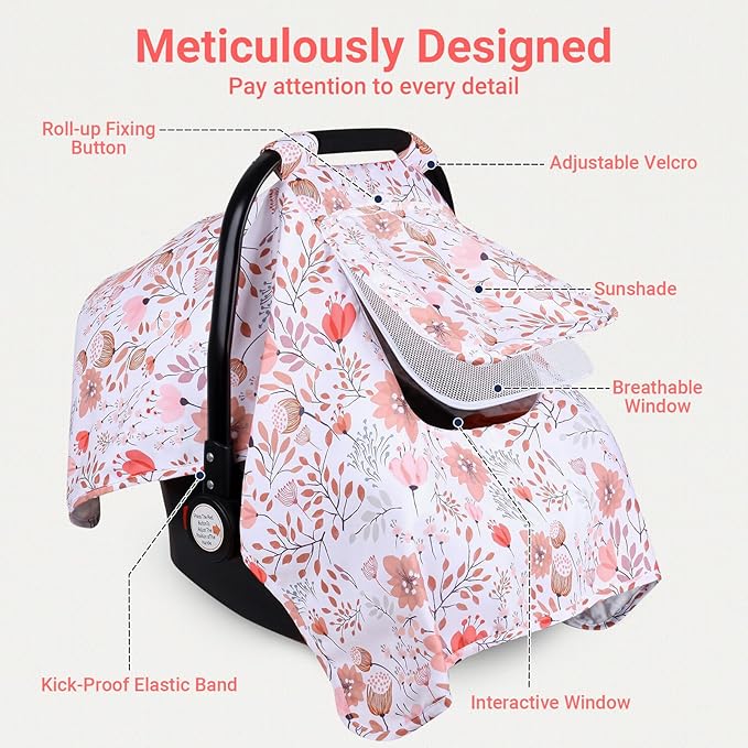 Car Seat Cover Baby, Carseat Covers Baby with 2 Layers Breathable Zipper Windows, Windproof Infant Car Seat Cover, Kick-Proof Baby Carrier Cover for Baby Girl Newborn Essentials