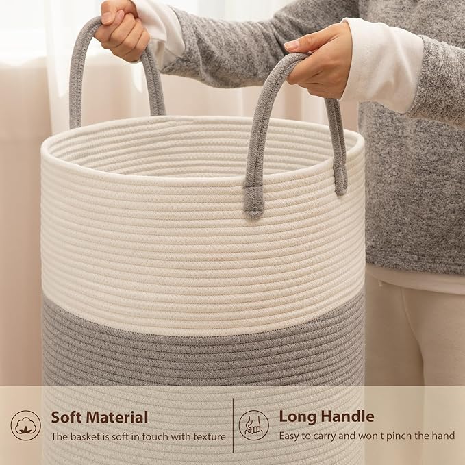OIAHOMY Large Laundry Basket Hamper - 60L Cotton Rope Woven Basket for Blankets, Toys, Clothes - Tall Decorative Nursery Hamper with Long Handles, Grey/White