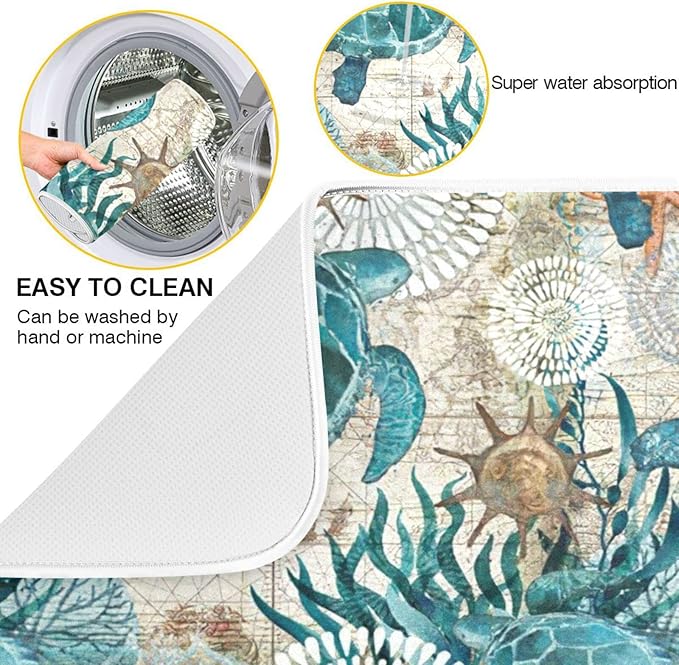 Absorbent Dish Drying Mat for Kitchen Counter - Sea Ocean Turtle Blue Microfiber Drying Pad, Reversible Drainer Mats for Countertop, Large 18" x 24"