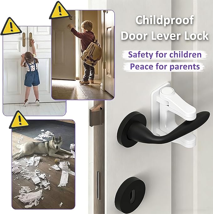 Door Handle Baby Proof, 2 Pack Door Lever Lock Child Proof No Drilling, Strong 3M Adhesive Child Safety Locks for Doors Cabinet Simple Install and No Tools Needed, White