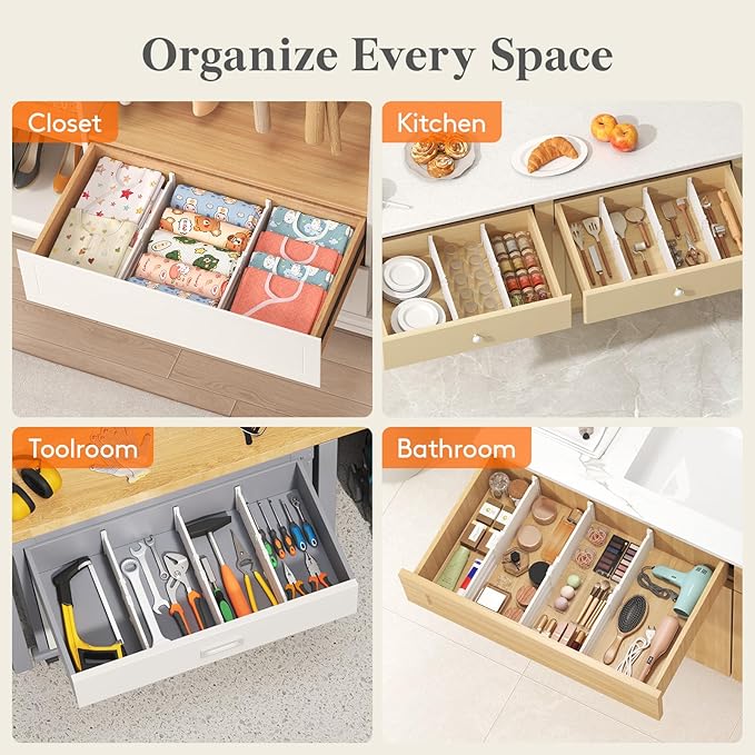 Lifewit 5" Tall 6 Pack Drawer Dividers, 30-47cm/11.5-18.5" Expandable Drawer Divider for Clothes, Adjustable Dresser Drawer Organizers, Drawers Separators for Dresser/Bathroom/Closet/Kitchen White
