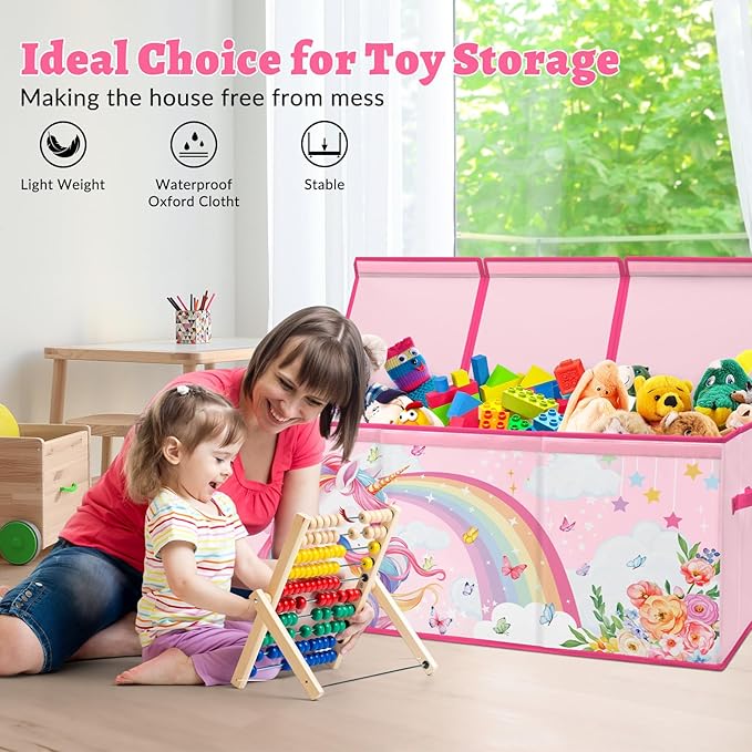 decalsweet Kids Toy Box Storage Chest Collapsible Storage Bin with Lids Handles for Boys Girls Toddler, Large Kids Toy Organizer Box for Kidsroom Bedroom Playroom Nursery,37.7"x12.5"x15.7"