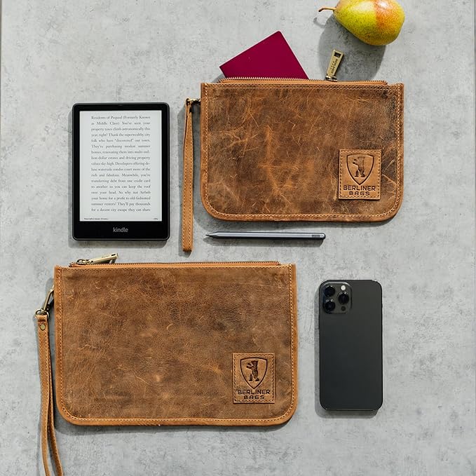 BERLINER BAGS Vintage Genuine Leather Document Organizer Theo XL, Passport Holder and Travel Wallet - Brown