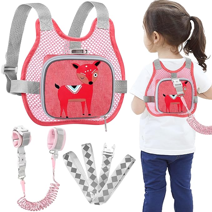 Accmor Toddler Harness Leash + Anti Lost Wrist Link, Adorable Deer Kids Harness with Leash, Collapsible Child Walking Belt Pocket Breathable Wristband Tether Protector for Baby Girls to Outdoor Travel