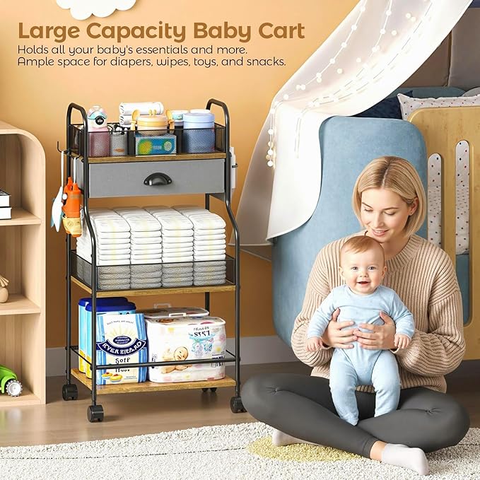 3-Tier Baby Diaper Caddy Cart Organizer with Drawer,Rolling Utility Cart & Bedside Nursery Essential Storage for Newborn Baby Stuff, 2+1 Divider, Baby Storage Organizer for Bedroom,Changing Table,Grib