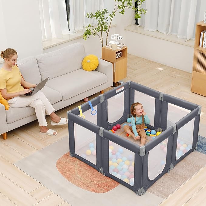 Dripex Small Foldable Baby Playpen, 49"x47" Small Space Play Yard for Travel - Portable Collapsible Play Pen for Babies, Indoor Outdoor Baby Fence, Grey