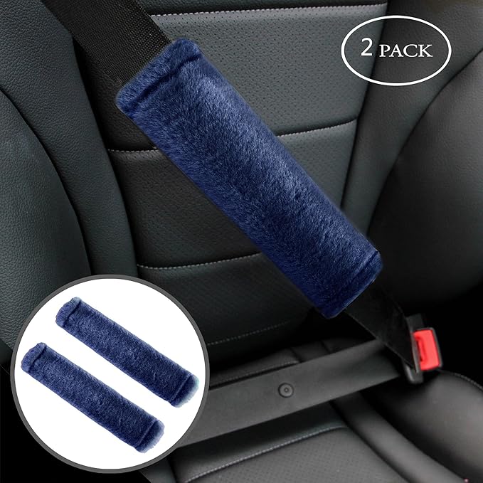 Amooca Soft Faux Fur Universal Fit Seatbelt Cover Car Truck SUV Airplane Seat Belt Shoulder Pad for Carmera Backpack Straps Neck Cushion Protector 2 Pack 10.5in Dark Blue