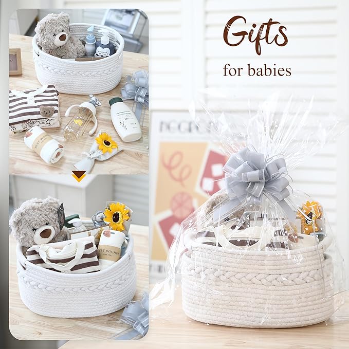 Sea Team Woven Cotton Rope Gift Basket with Gift Bags & Ribbons, Optional Stuffed Bear & Sunflower, Baby Shower Present, Pet Gift or Nursery Storage Bin, 13.4 x 9.1 x 7.1 Inches, White