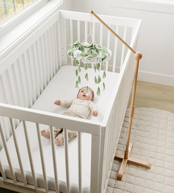 Baby Crib Mobile Arm Wooden Holder Floor Stand - Universal Baby Mobile Hanger, fits Any Crib (100% Natural Beech Wood) - Floor Stand, Adjustable Height - Nursery Decor & Gift Accessories (Original)