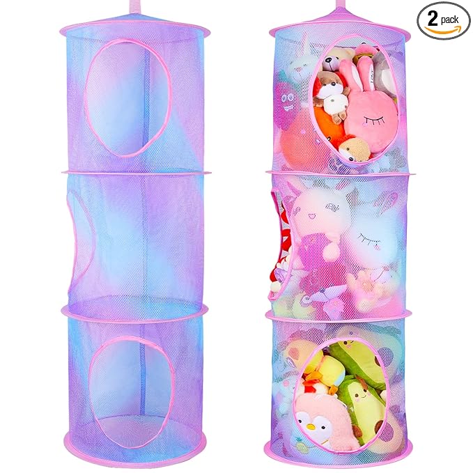 Basumee Stuffed Animals Net or Hammock 2 Pcs Stuffed Animals Storage Toy Net Hammock for Plushies Storage Organizer Mesh Kids Girls Room Decor, Blue and Purple, 3 Tiers