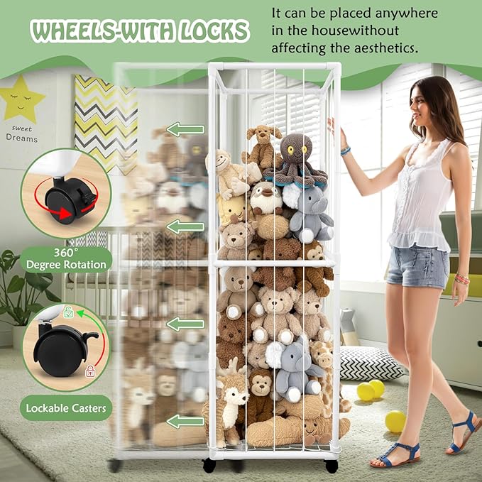 Stuffed Animal Storage Zoo with Wheels, 65" Tall Large Stuff Animals Plushies Holder Toy Organizer Kids Plush Storage Cage PVC with Elastic Band and Net for Nursery Playroom Corner for Toddler