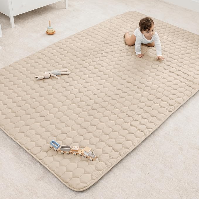 Comfy Cubs Rectangle Kids Play Mat - Large 60 x 96 inches Soft Quilted Baby Floor Mat with Non-Slip Bottom - Plush Design for Toddlers' Playtime- Comfortable and Durable - Sand