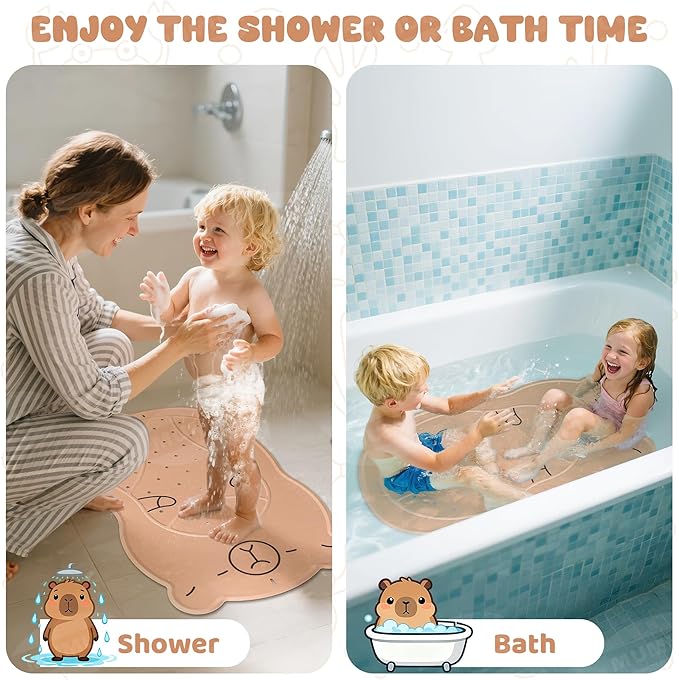Non Slip Shower Mat Baby Bath Tub Mat Ruber Cartoon Capybara Bathtub Mats for Toddlers and Kids Cute Bath Mats with Suction Cups and Drain Holes 30"x18", Brown