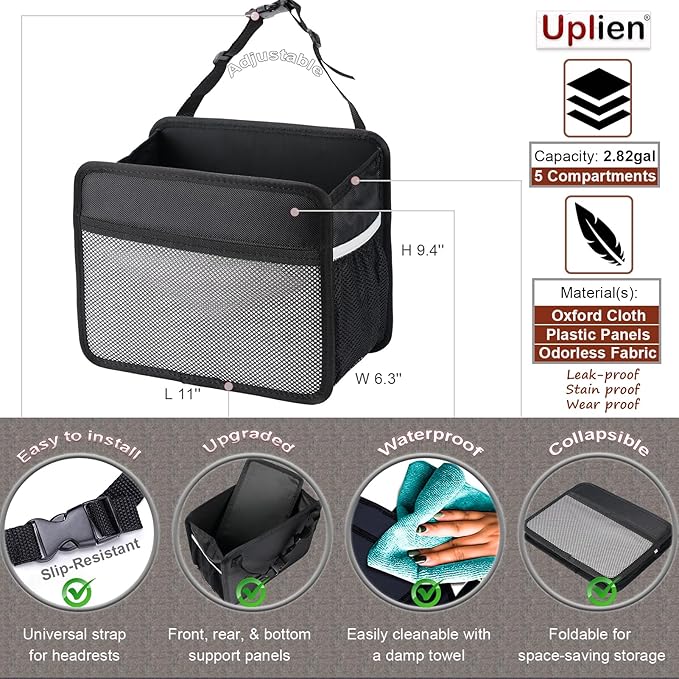 Uplien Car Back Seat Organizer and Storage Bag, Premium 1680D Oxford Cloth Collapsible Universal Hanging Car Seat Back Organizer for Kids & Adults