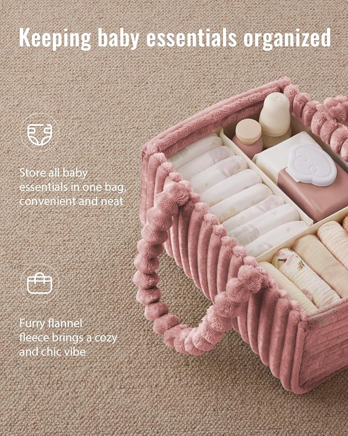 Blissful Diary Flannel Diaper Caddy Organizer, included Gift Packaging, Cozy Nursery Storage Basket, Gift for Baby Shower, Newborn Essentials, Plush Pink