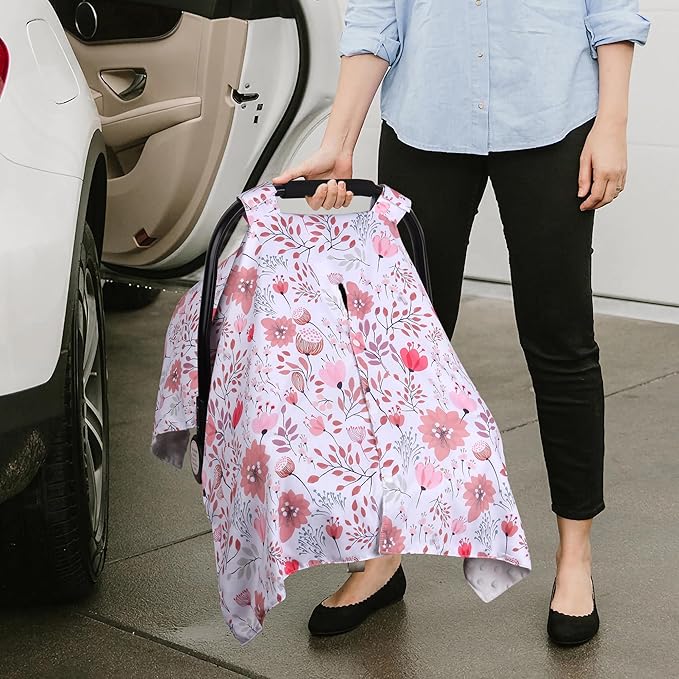 Rquite Car Seat Cover Baby, Carseat Covers Baby Girl, Minky Infant Car Seat Cover Winter, Peekaboo Opening Car Seat Canopy, Multi-use Baby Carrier, Stroller, Nursing Cover, Minky Blanket, Pink Flower