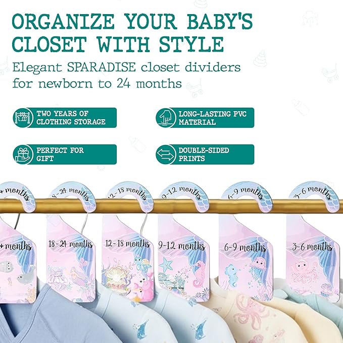 SPARADISE Baby Closet Dividers for Clothes – Set of 8 Double-Sided Organizers for Nursery Wardrobe – Newborn to 24 Months – Ocean Theme