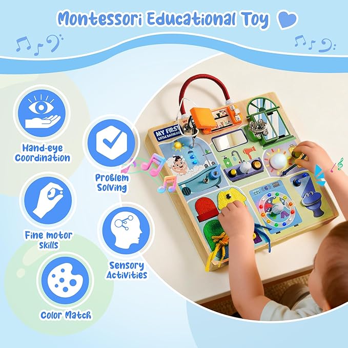 Teekdeer Busy Board Montessori Toys for Toddler 1-3 Year Old, Wooden Sensory Board with LED Light Switches,Bathroom Theme Travel Toys for 1+ Year Old Boy & Girl Birthday Gift
