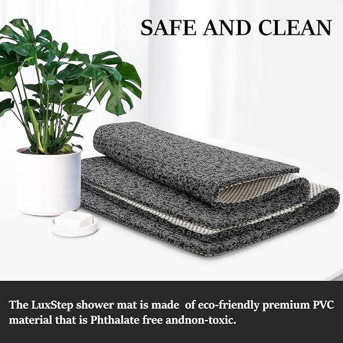 LuxStep Shower Mat Bathtub Mat,47x16 inch, Non-Slip Bath Mat with Drain, Quick Drying PVC Loofah Bathmat for Tub,Shower,Bathroom (Phthalate Free,Black)