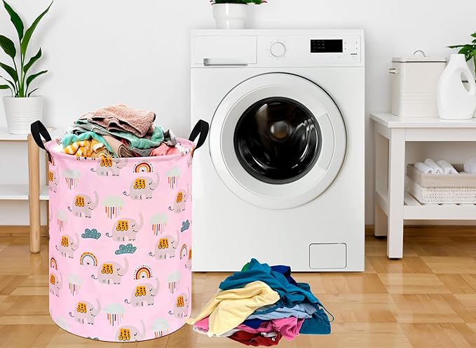 Elephant Pattern 19.7 Inch Round Laundry Clothes Hamper Laundry Basket with Handles,Storage Organizer Bins Laundry Gift Basket for Room, Bedroom Decor
