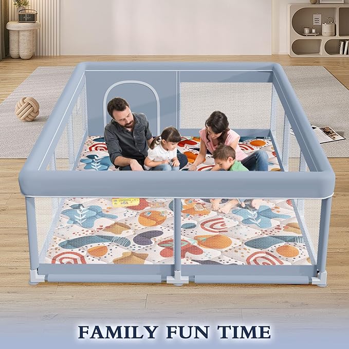 74 x 50 Inch Baby Playpen with Mat, Playpen for Babies and Toddlers, Baby Playard for Indoor & Outdoor Active Center Game Fence, with Skin-Friendly Fabric and Soft Breathable Mesh, Grey