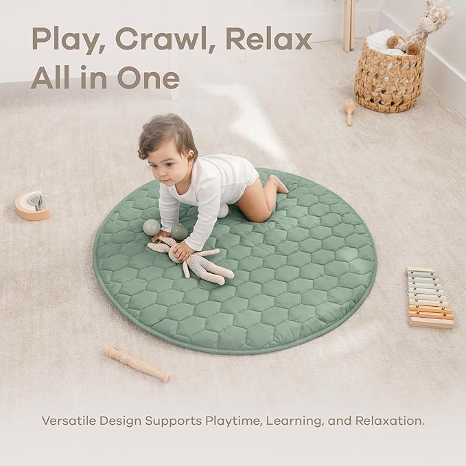 Comfy Cubs Round Kids Play Mat -Small 36 inches Soft Quilted Baby Floor Mat with Non-Slip Bottom - Plush Design for Toddlers' Playtime - Comfortable and Durable - Fern