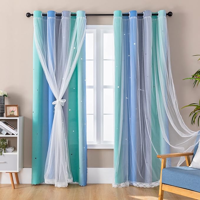 XiDi Dream Star Blackout Curtains for Kids Rooms Girl Princess Curtain for Daughter Bedroom Window (Blue Green Grey, W34 X L84)
