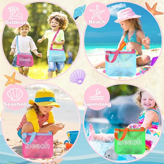 Iqimott 3Pcs Kids Letter Beach Shell Bag, Seashell Mesh Zipper Beach Pouch, Shell Collecting Bag for Holding Shells