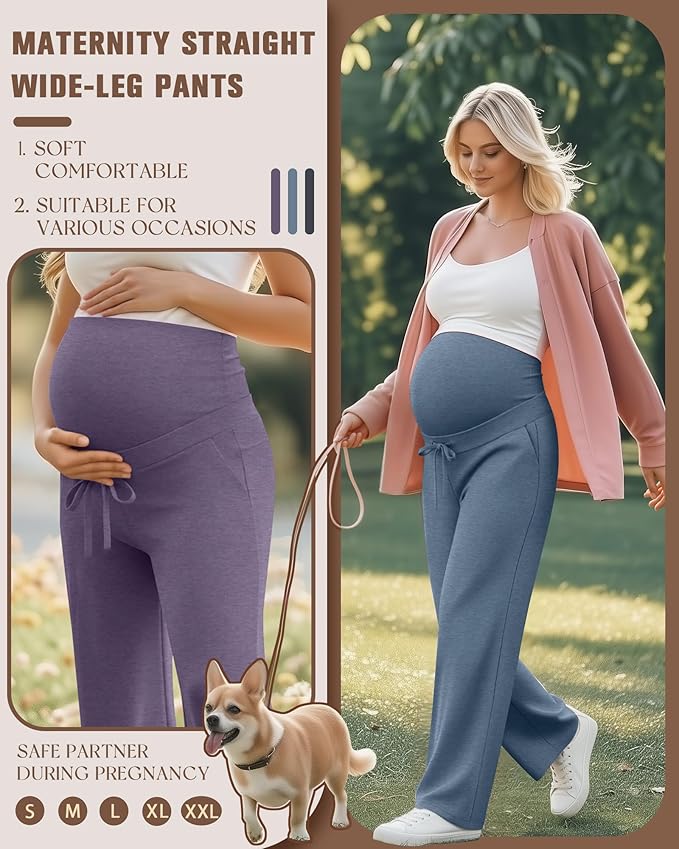 3 Pcs Maternity Sweatpants Over The Belly Pregnancy Straight Wide Leg Elastic Drawstring Pants Joggers with Pockets