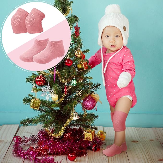 10 Pairs Baby Crawling Anti Slip Knee Pads and Anti Slip Baby Socks Set Unisex Toddler Knee Protectors Non Slip Ankle Socks