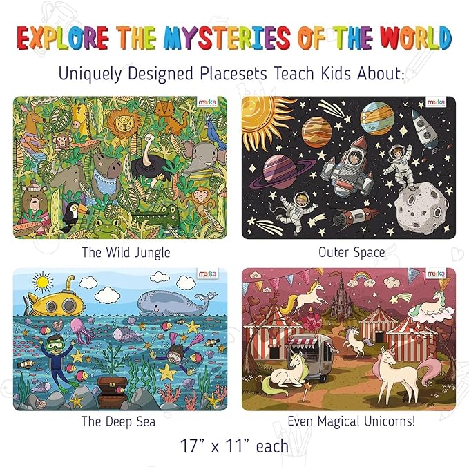 merka Kids Placemats - 17 x 11 in, Multicolor, Set of 4 - Washable Plastic Dining Table Placemats - Reusable & Wipeable Ocean, Space, Jungle & Unicorn Themes - Ages 2+