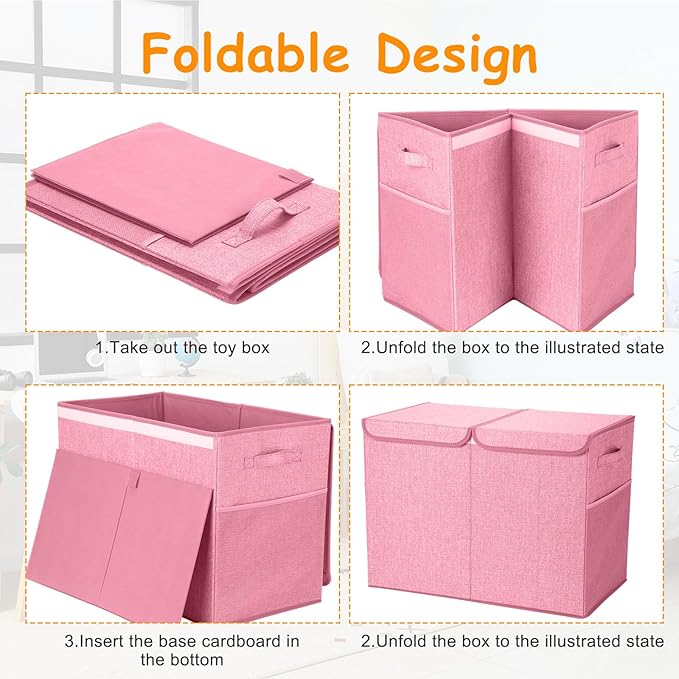 Fiwochic 3 Pack 23" Large Toy Storage Box with 11" Cubes Bins, Collapsible Toy Organizer Chest with Lids for Kids Nursery Playroom Bedroom Living Room Christmas Ornament Storage Box(Pink)