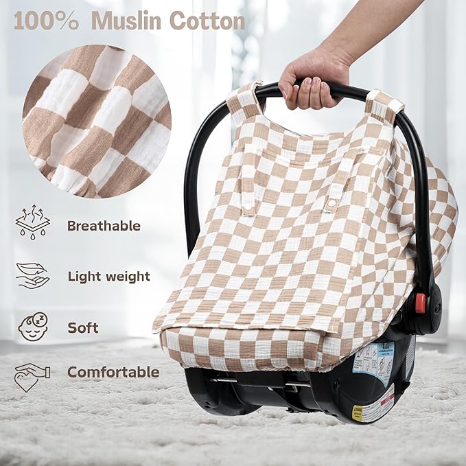 Summer Muslin Car Seat Cover for Baby – Breathable & Privacy Canopy with Large Mesh Window,3 Adjustable Modes,Easy Install Universal Fit for Infant Car Seats (Khaki Checkered)