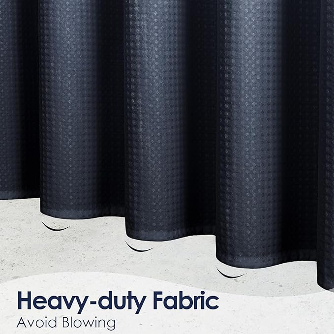 MitoVilla Navy Blue Ombre Waffle Small Stall Shower Curtain 36 x 72, Half Size Fabric Narrow Shower Curtains for Bathroom Decor, 36 inch Weighted Shower Curtain Set with Plastic Hooks