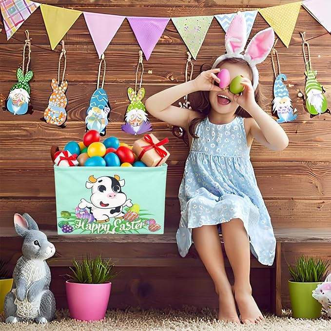 ASKETAM Cow Easter Basket for Kid Large Empty Baby Rectangular Cute Easter Gift Storage Basket Bunny Eggs Décor (Cow)