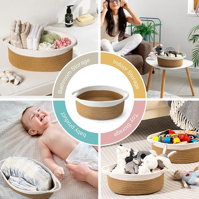 LANDNEOO Small Woven Basket with Gift Bags and Ribbons, Empty Decorative Gift Chest Box, Cute Baby Gift Basket for Nursery, Cotton Rope Room Shelf Storage Basket with Handles, 12"x 8"x 5", Yellow