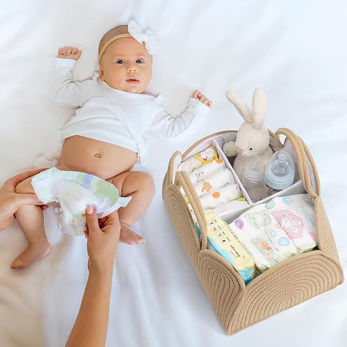 XL Diaper Caddy Organizer for Baby, Durable Cotton Rope Baby Gift Basket,Upgrade Design - Space Division Portable Diaper Organizer, Multi-Use Nursery Organizer for Diapers, Car Diaper Caddy Cart