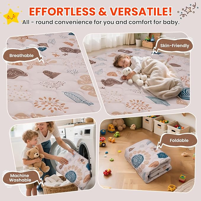Duwenem Baby Play Mat for Floor,50x50 Inch Soft Padding Crawling Mat for Playpen, Foldable and Machine Washable, Thick for Babies & Toddlers,Boho Flower