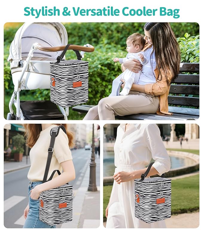 PIIOSER Breastmilk Cooler Bag with Ice Pack, Fits 6 Baby Bottles Up to 9 Oz, Stylish Baby Cooler Travel Bags with Shoulder Strap, Double Deck & Leakproof for Nursing & Working Moms(Zebra Printed)