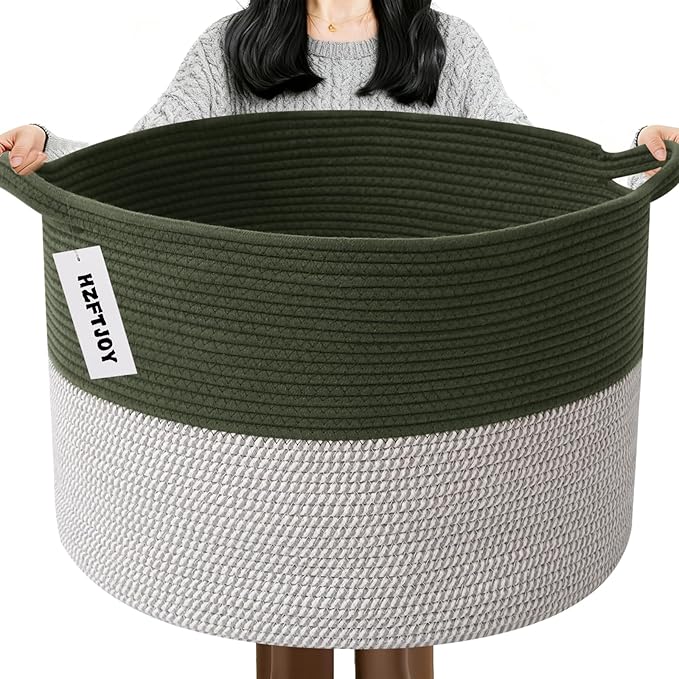 Large Storage Basket with Handle,19.7" L x 19.7" W x 13" H Blanket Basket Storage Bins for Organizing,65L Cotton Rope Woven Baskets for Living Room, Nursery,Bedroom,Green&White