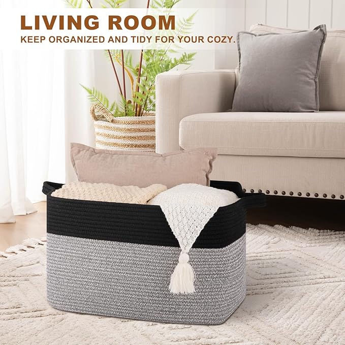 OIASKET Blanket Basket for Living Room, Woven Cotton Rope Basket for Storage Clothes, Towels, Pillows, Toy Storage Bin for kids with Handles, 20" x 16" x 12", Black and Grey