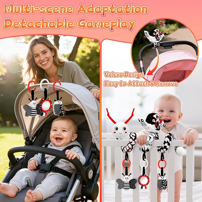 High Contrast Baby Toys for Newborn, Black and White Baby Sensory Toys 0-12 Months with Car Seat Toys & Soft Plush Toy, Activity Hanging Toys Velcro for Stroller Toys Baby Gifts