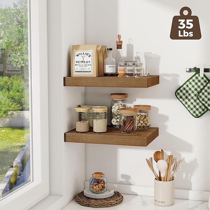 Fun Memories 12 Inch Deep Floating Shelves, 16 x 12 Wooden Wall Shelves, Extra Deeper & Thicker Rustic Wall Mounted Storage Shelf for Fireplace, Living Room, Kitchen, Farmhouse, Walnut - 3Pack