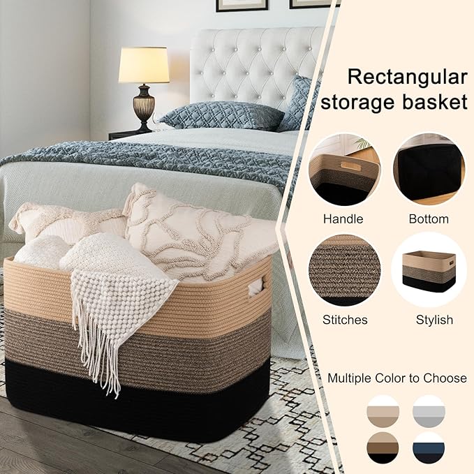 OIAHOMY 118L Extra Large Blanket Basket, Rectangle Woven Cotton Rope Storage Basket,Used for storing Dirty Clothes, Stuffed Animal Toy Storage for Living Room,Kids Room,25" x 17" x 16", Brown Black