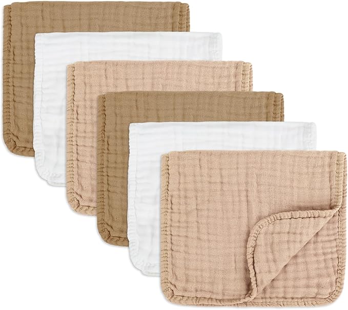 Muslin Burp Cloths Soft and Breathable Burp Cloths Baby Girl 6 Pack 10x20 inches It is a Must-Baby Girl Newborn Essentials and Baby Essentials (6, White and Brown)
