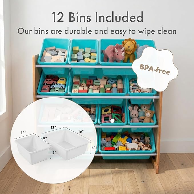 Humble Crew Toy Storage Organizer with 12 Removable Storage Bins for Kids Playroom, 4-Tier Toddler Toy Organization, Natural Wood/Aqua
