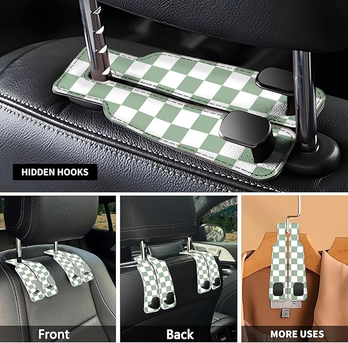 NUGGHU Car Seat Headrest Hook, Universal Leather Cute Hanger Holder Hook, Storage Organizer Interior Accessories for Purse Bags Handbag Green Plaid