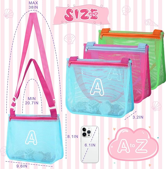 3Pcs Personalized Kids Beach Shell Bag, Initial Seashell Mesh Zipper Beach Pouch, Shell Collecting Bag for Holding Shells with Adjustable Straps, Sand Toys Swim Pouch Gift for Girl Boy Teens(Letter A)